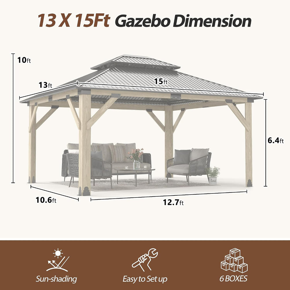 13x15 FT Wood Gazebo,Outdoor Wooden Hardtop Gazebo with Galvanized Steel Doul...