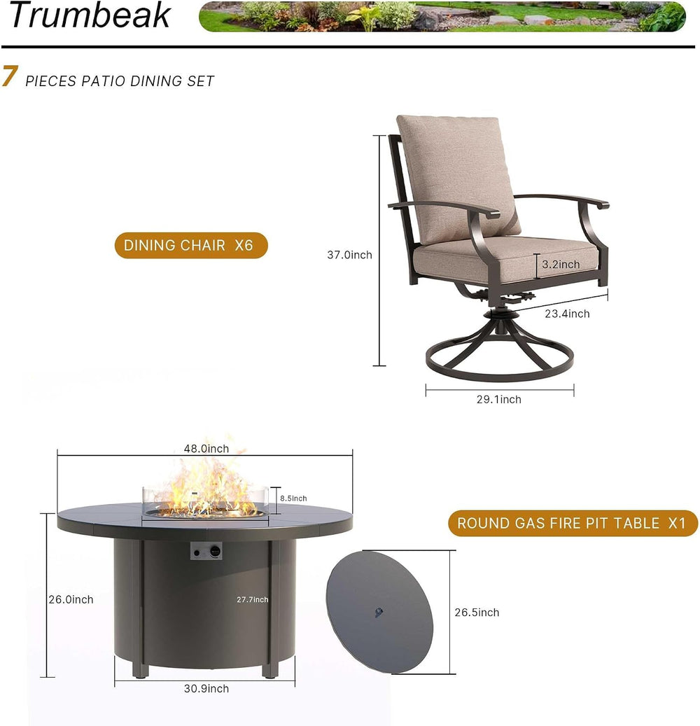 7 Piece Metal Outdoor Patio Furniture Set with 48"/55000 BTU Round Fire ...