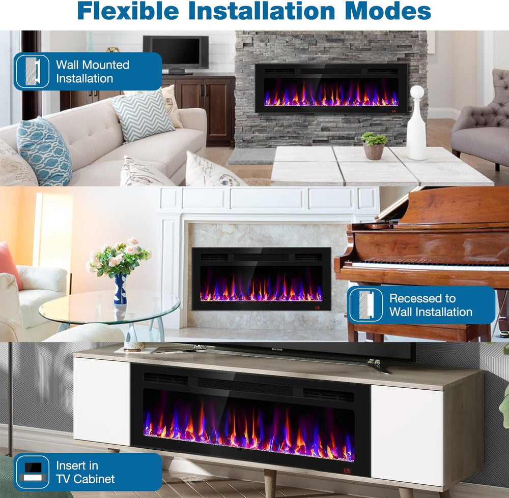 43 Inch Electric Fireplace Recessed and Wall Mounted, Fireplace Heater and Li...