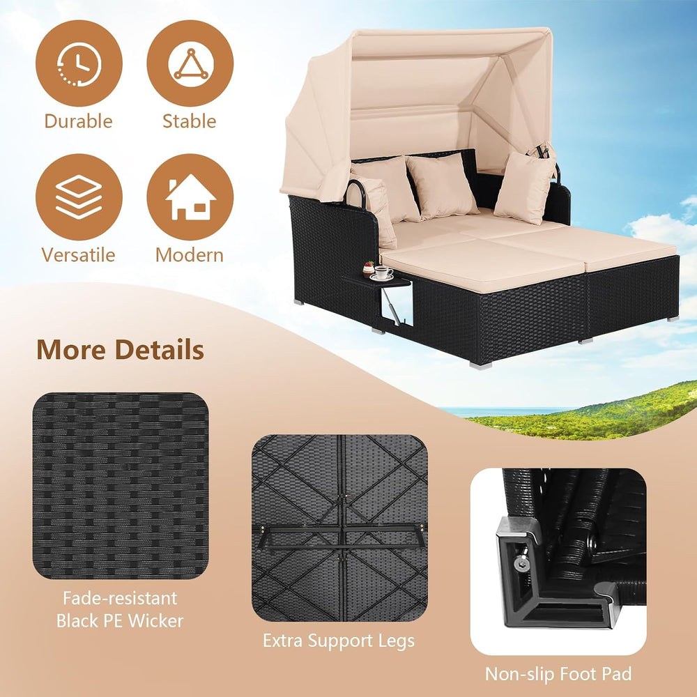 HAPPYGRILL Outdoor Wicker Lounge Daybed, Hand-Woven PE Rattan Daybed, Patio L...