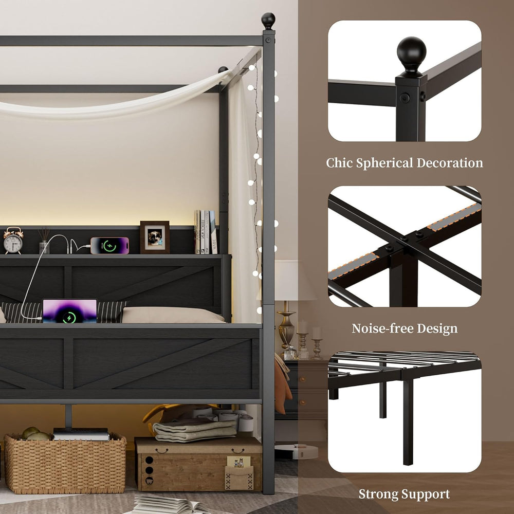 Canopy Bed Frame Queen Size with Barn Storage Headboard, Black
