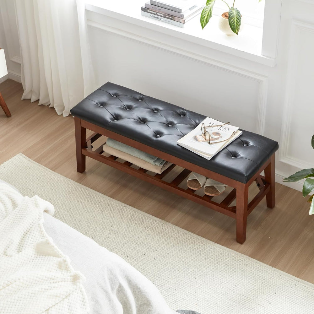 Shoe Bench Entryway Bench Upholstered Ottoman Faux Leather Black