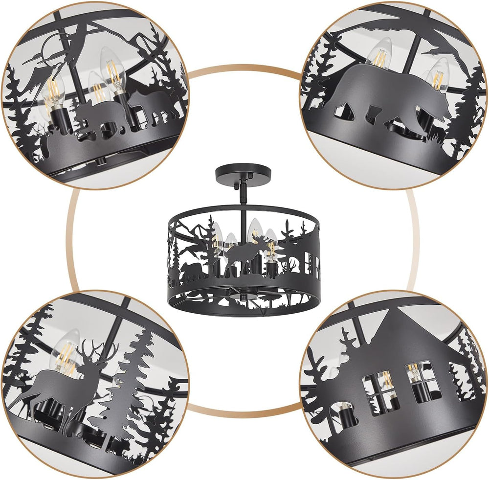 Rustic Deer Bear Cabin Chandelier, 4-Light Farmhouse Pendant Light