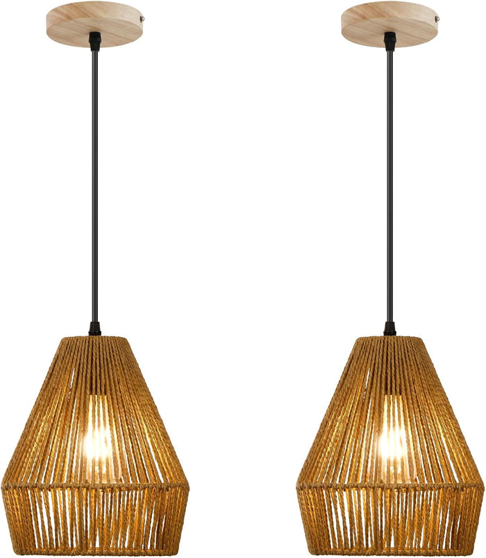 8.7'' Woven Rattan Pendant Light Fixtures, 2 Pack Boho Hanging Light