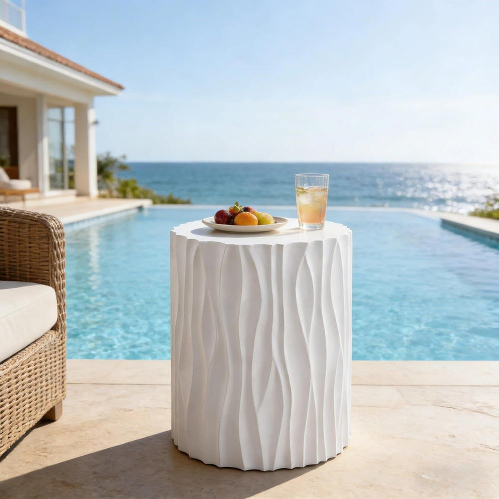 Modern Round Side Table, Outdoor End Table with Wavy Fluted Design, Multi-Use...