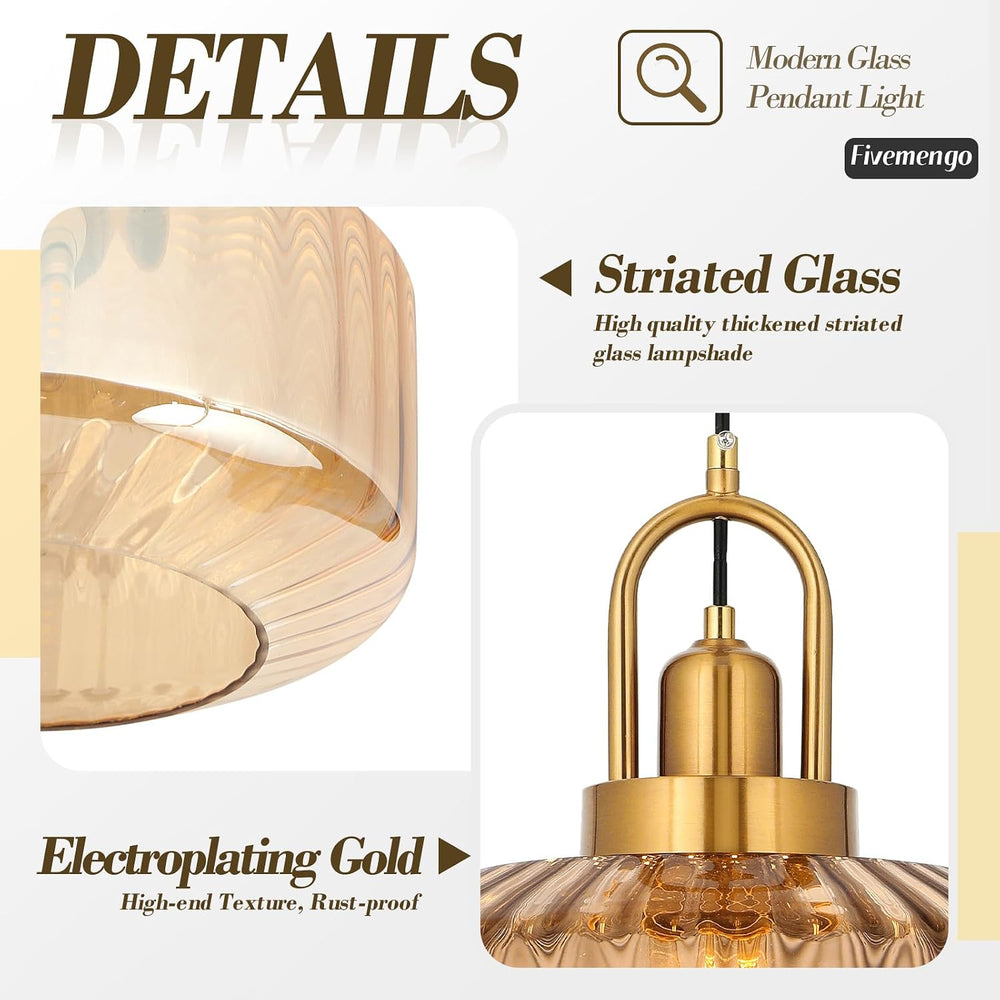 11.8in Mid Century Modern Pendant Light, Gold Large Amber Glass