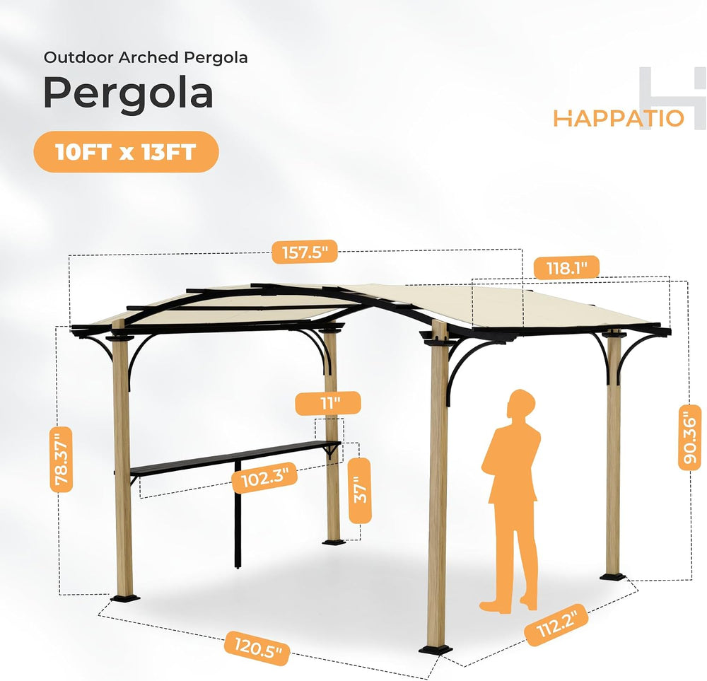 HAPPATIO 10' x 13' Arched Top Outdoor Pergola, Aluminum Frame Canopy ...