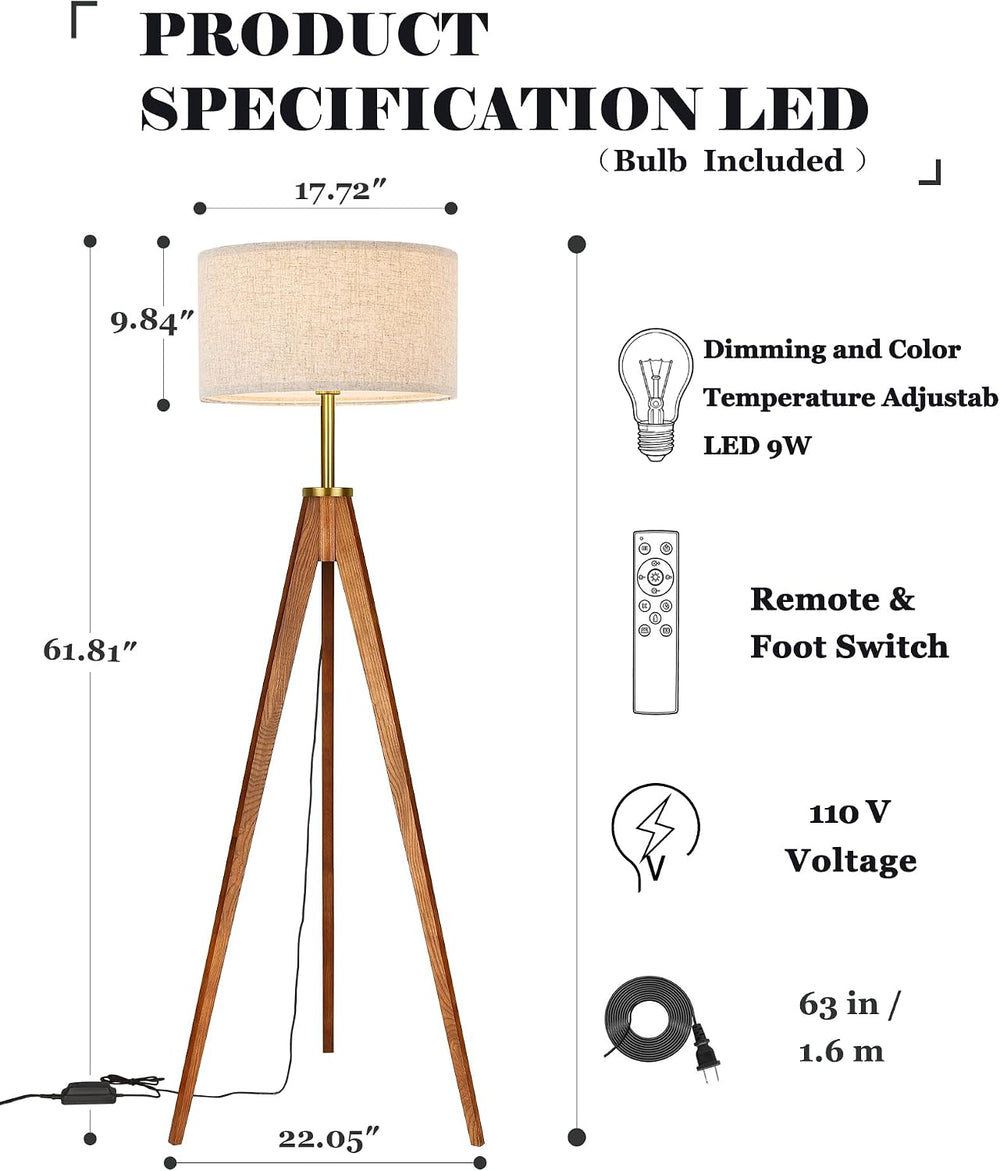 ELYONA Floor Lamp for Living Room, Solid Ash Wood Tripod Floor Lamp with Remo...