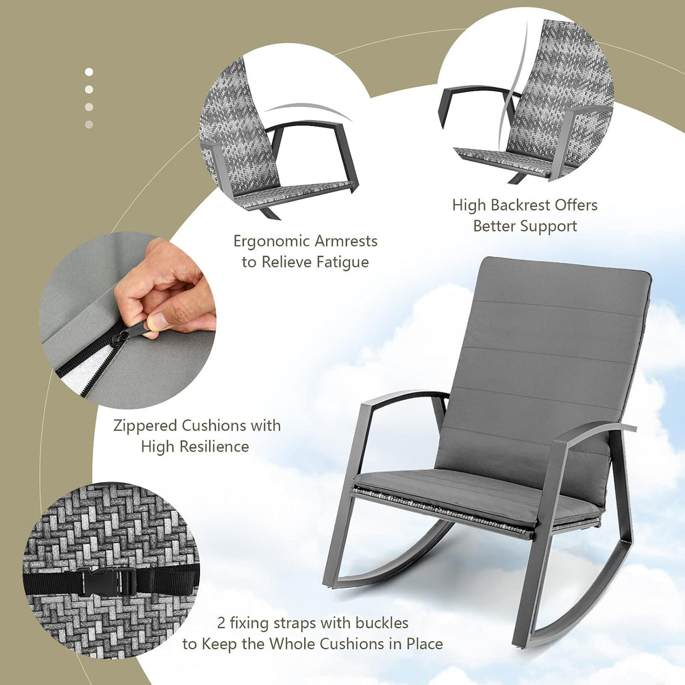 Tangkula 3 Pieces Patio Rocking Bistro Set, PE Rattan Rocking Chairs with Tem...