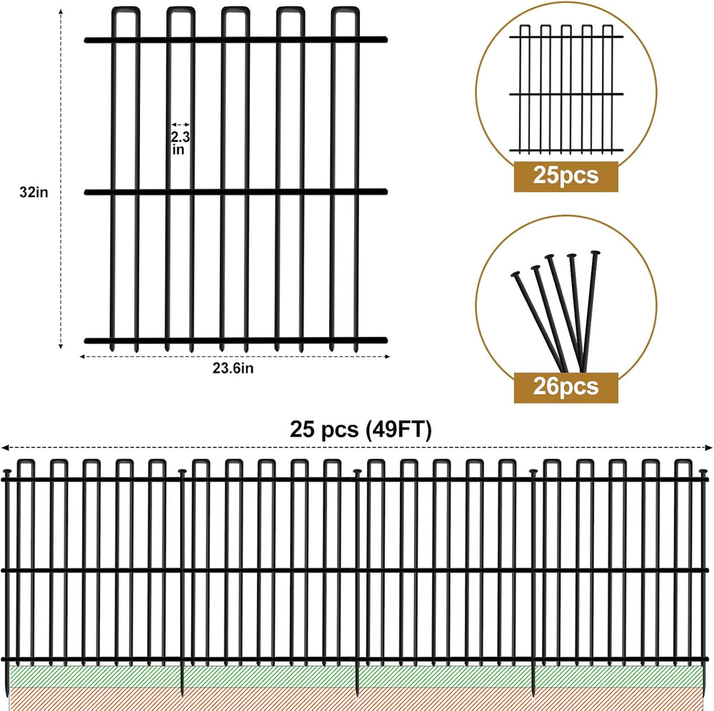 25 Panels No Dig Animal Barrier Fence, 32in(H) x 49ft(L) Garden Edging Border...