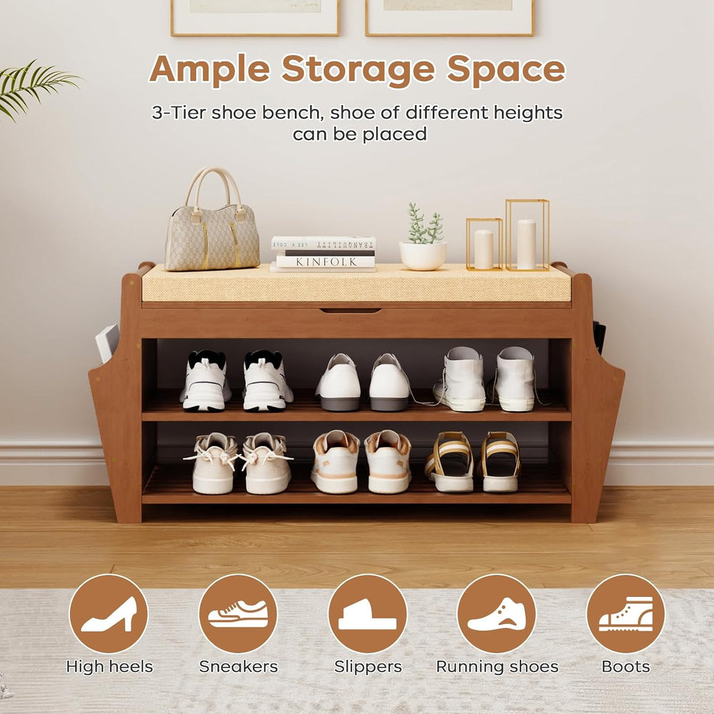 Shoe Bench 34.3in, Bamboo 3-Tier Entryway Bench with Storage, Shoe Rack