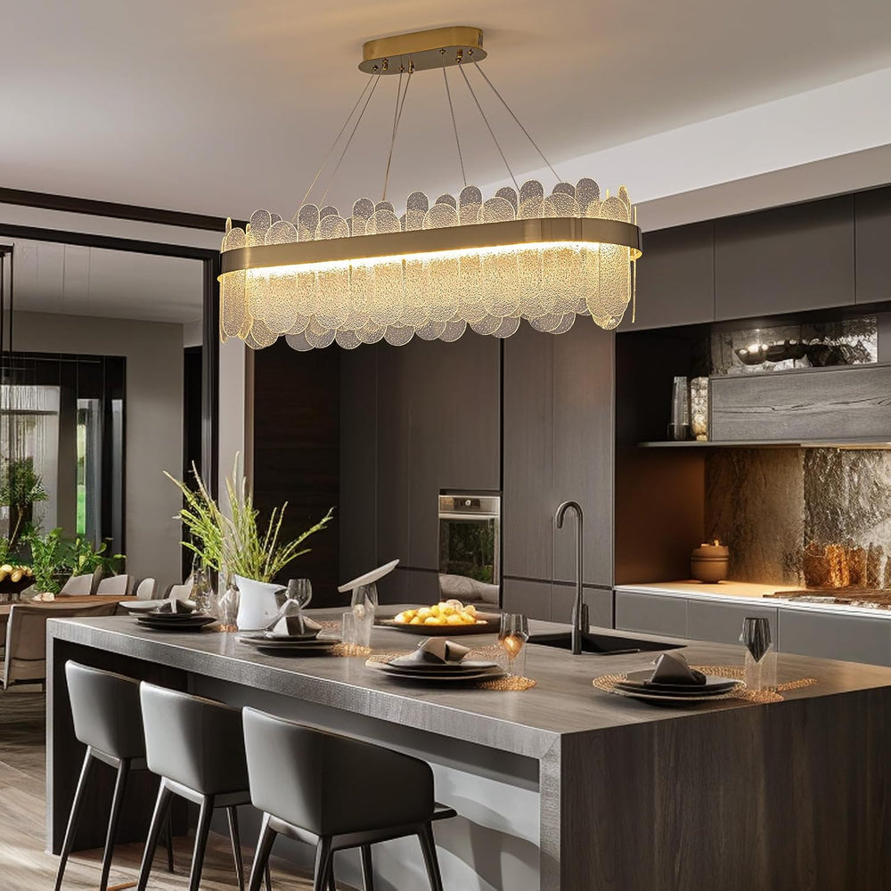Gold Linear Chandelier, Modern Rectangle Glass Pendant Light Fixture with LED...