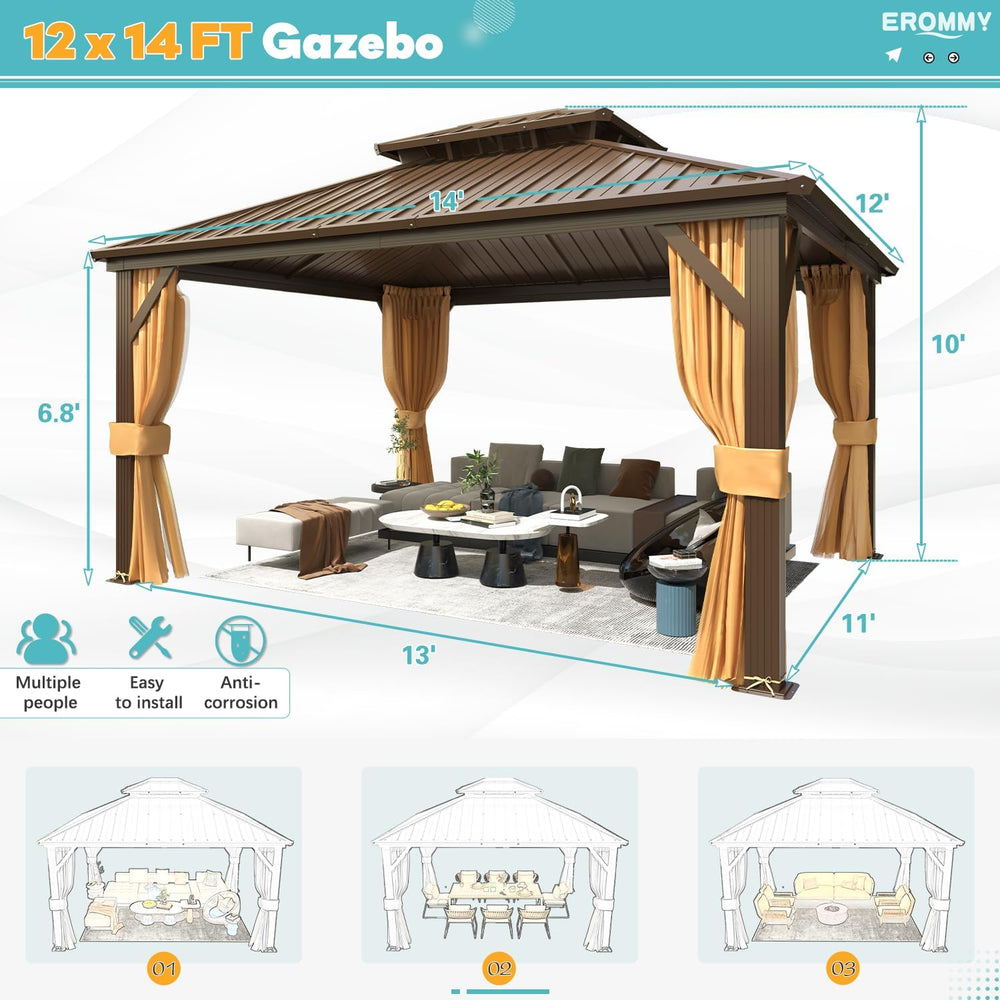 EROMMY 12' x 14' Hardtop Gazebo, Aluminum Frame Gazebos with Galvaniz...