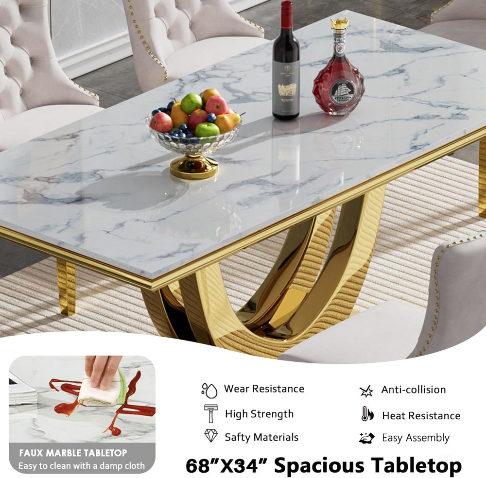 68" Marble Dining Table Set for 4, Luxury White Gold Kitchen Table with ...