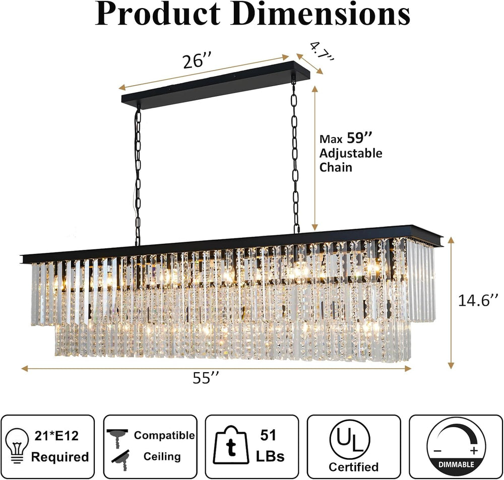 Modern Black Rectangular Chandelier, Double Layer Crystal Lighing Fixture