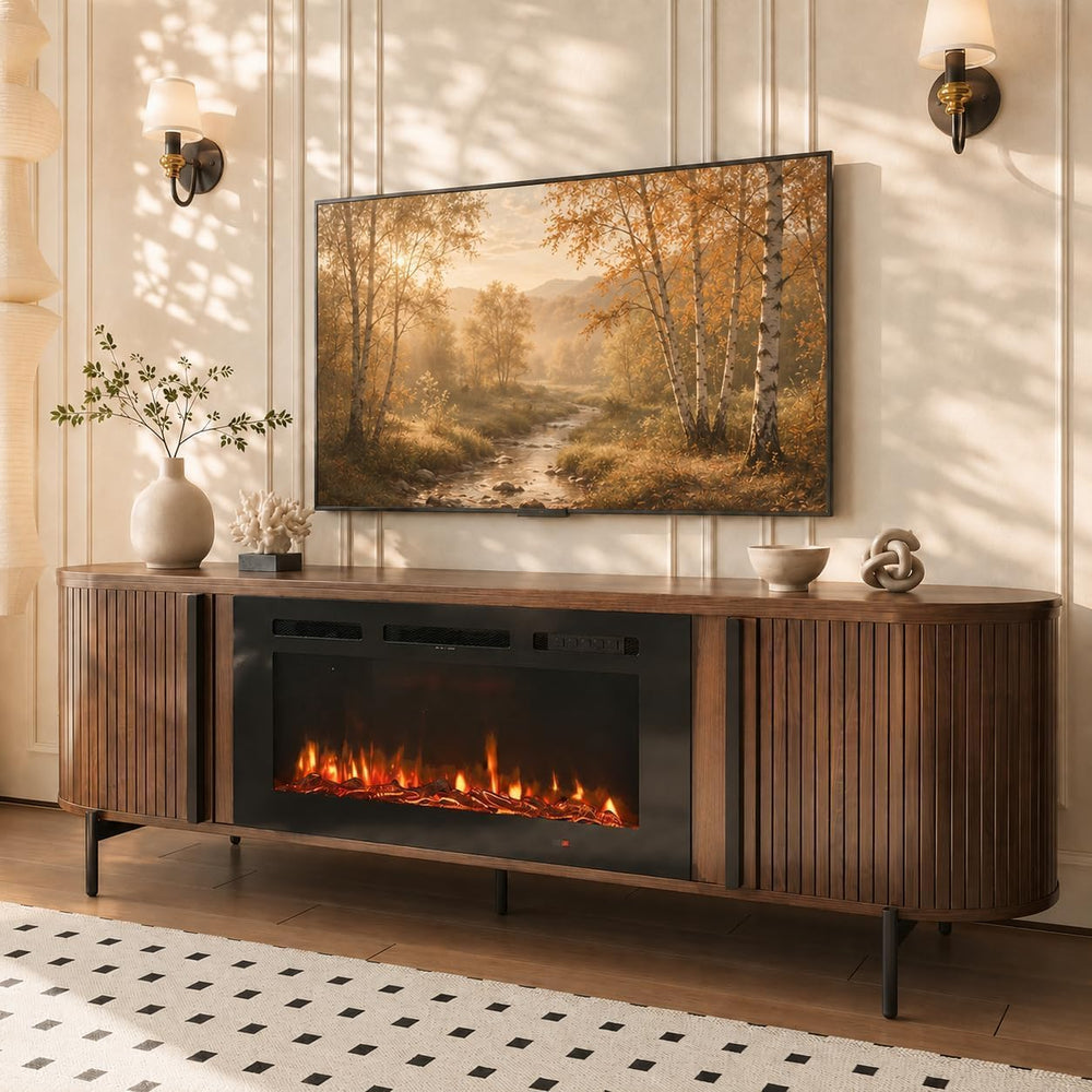 Luxury Fluted TV Stand with Fireplace, 70 inch, Brown