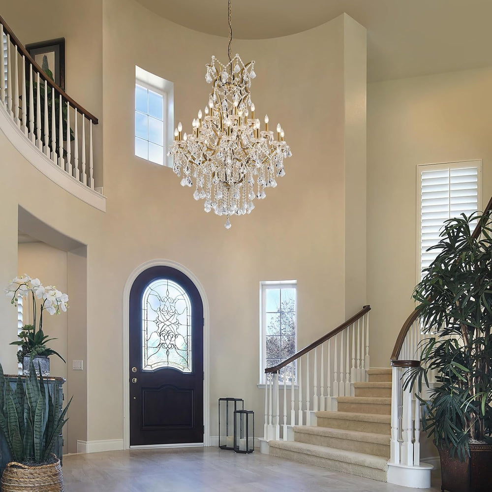 24 Lights Large Crystal Chandeliers for High Ceilings Brass Maria Theresa Cha...