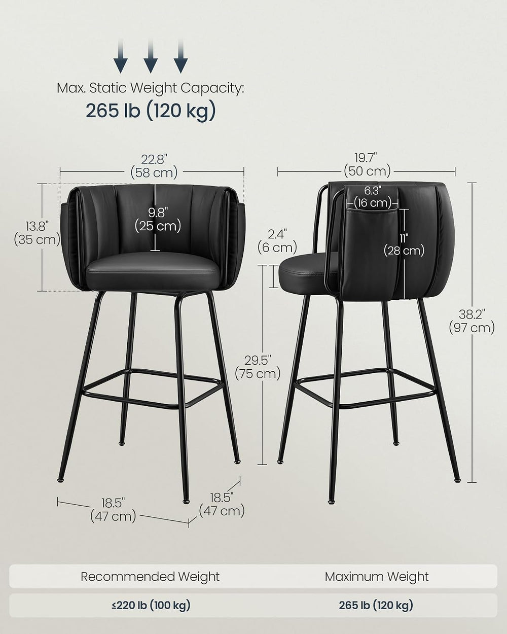 SONGMICS Home Bar Stools Set of 4, 360° Swivel,Bar Height