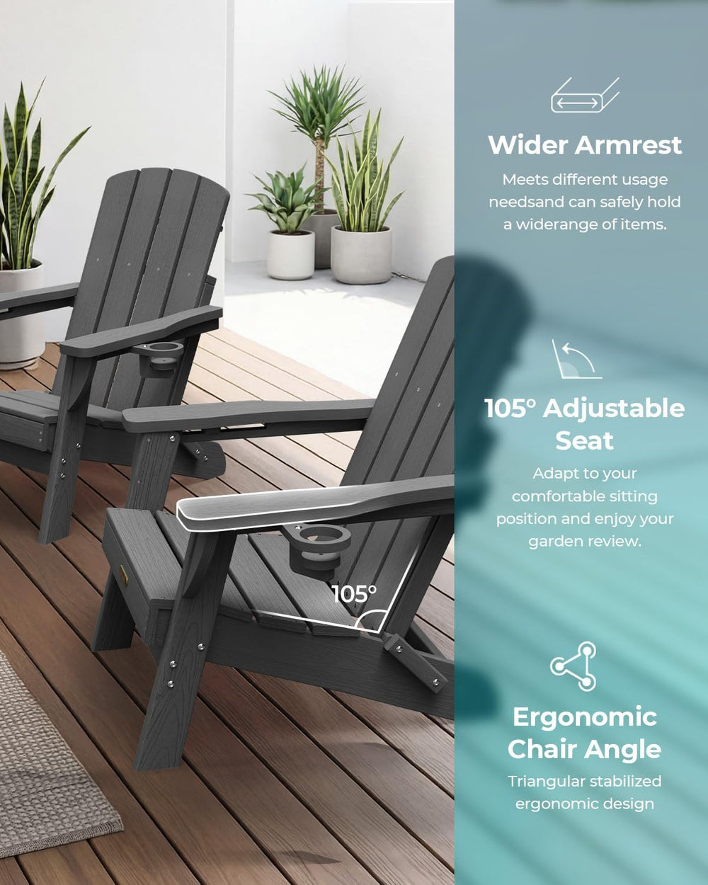 Folding Adirondack Chair Set of 4, HDPE Adirondack Chairs with 2 Cup Holder, ...