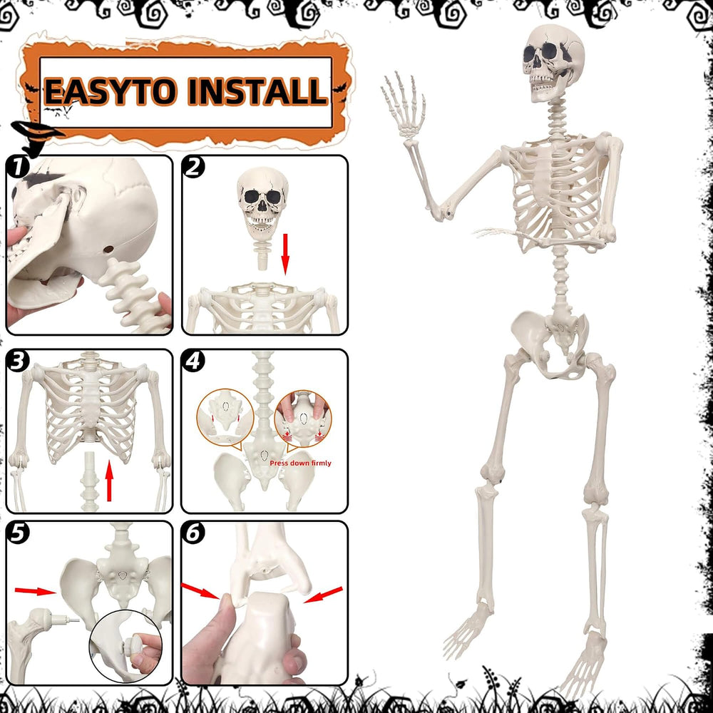 5.4ft Life Size Poseable Halloween Skeleton with Banner