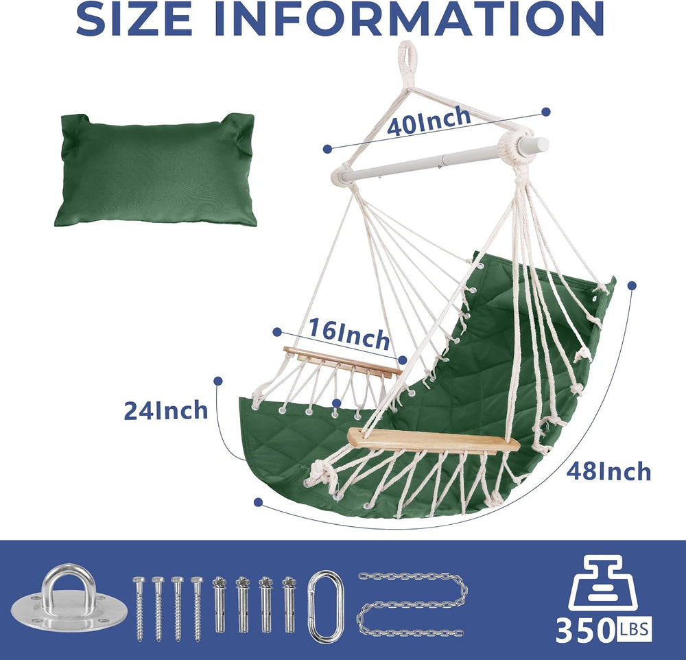 Hammock Chair Hanging Swing with Wooden Armrest Indoor, Green