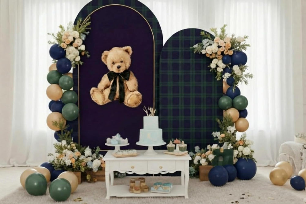 Moukeren Tartan Plaid Teddy Bear Arch Backdrop Cover 6ft and 7.2ft