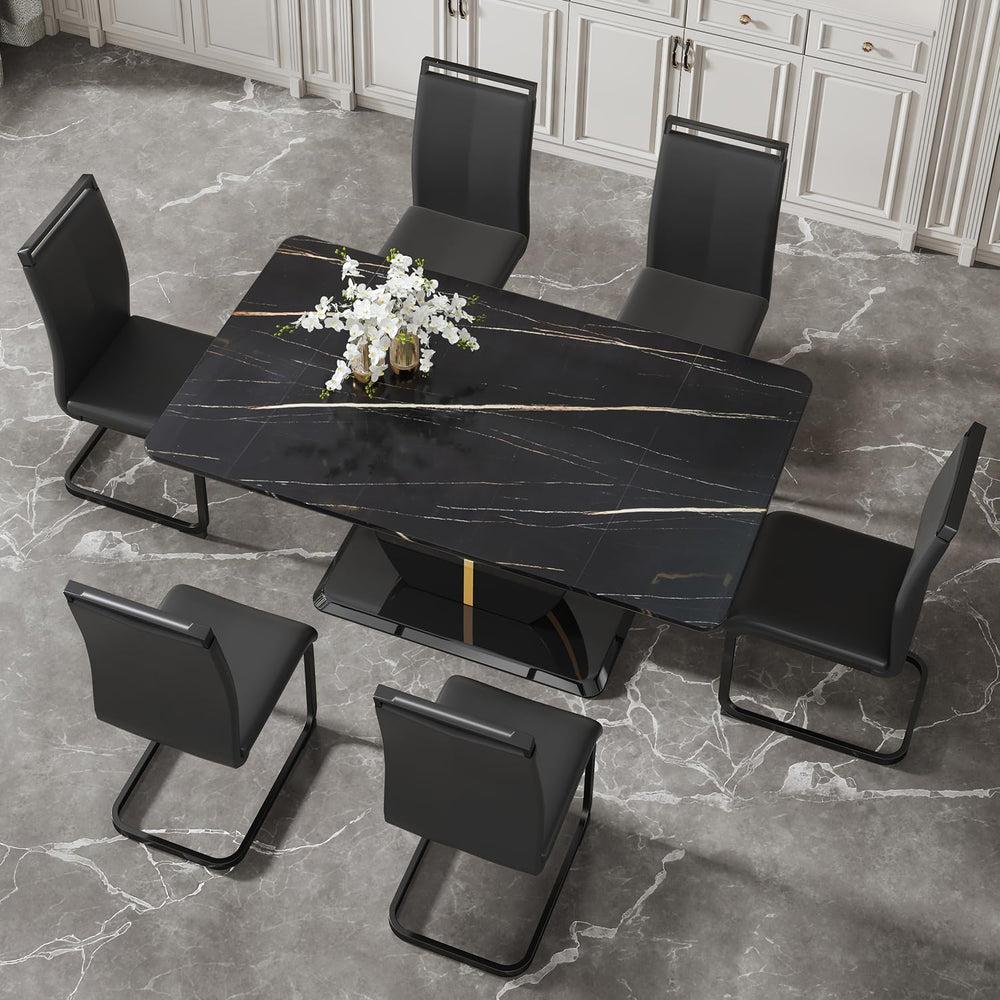 JUFU Modern Dining Table Set for 6,Rectangula Kitchen Table Set with Faux Mar...