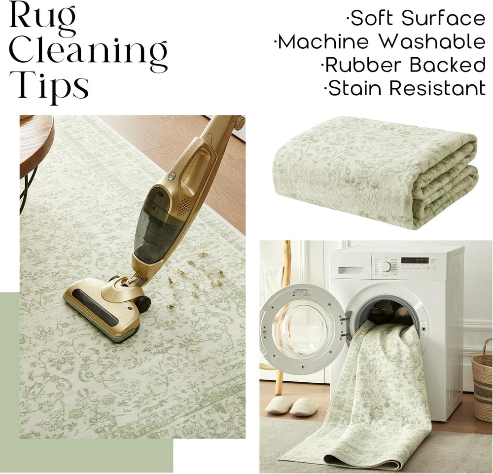 Light Green Area Rug 6x9 Floral Print Washable Throw Rugs for Living Room