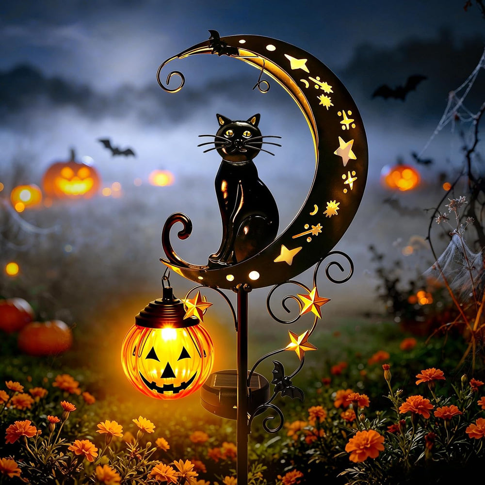 Solar Halloween Black Cat Pumpkin Moon Garden Stake Light Outdoor Decor