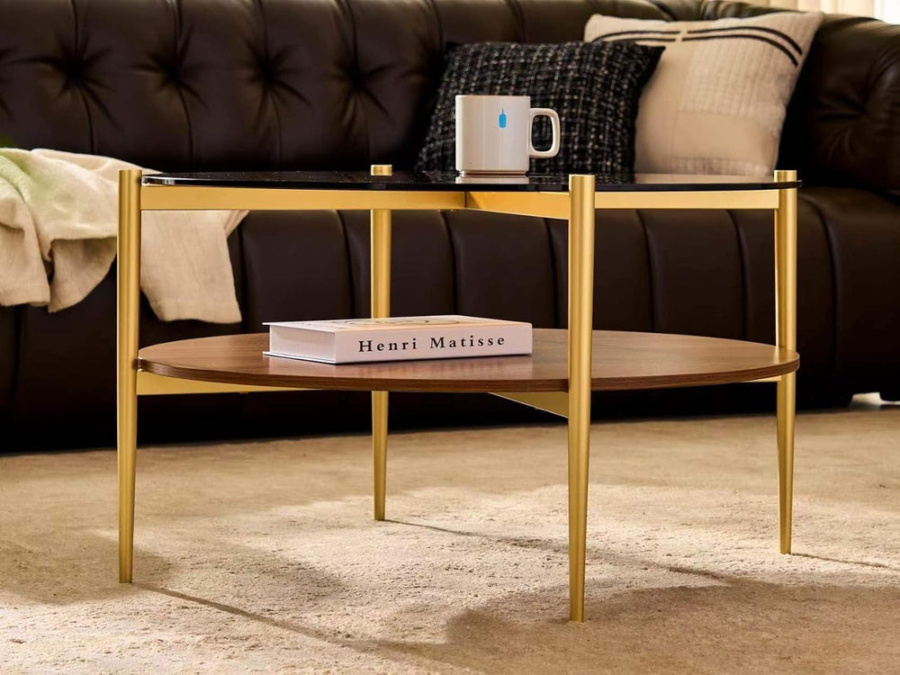 Shrine Round Glass Coffee Table, Mid-Century Modern Design, D30 x H17 in, 2-T...