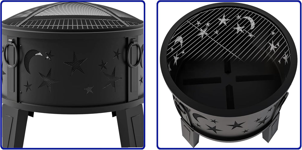 Kingson 26" Outdoor Fire Pit with Grill & Mesh Cover, Wood Burning S...