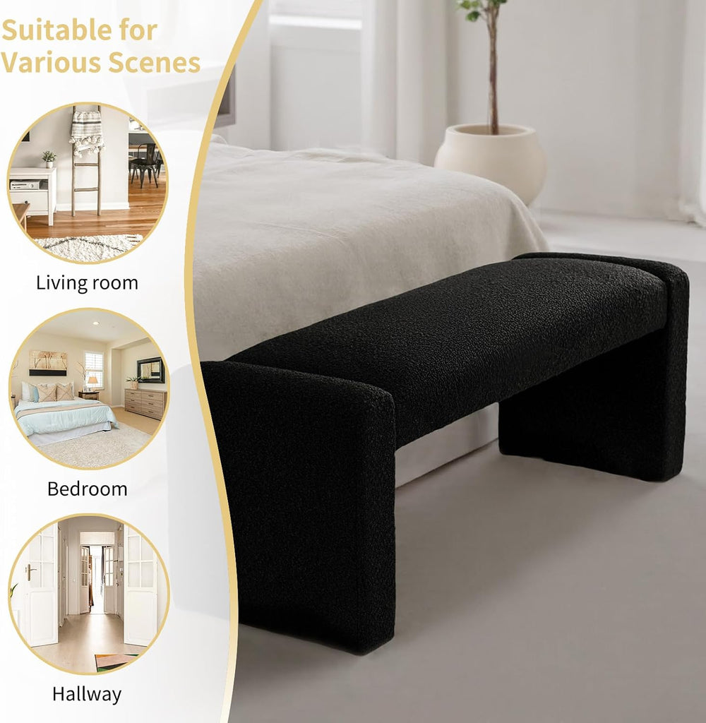 SIMTONAL Black Entryway Bench with Wood Frame, 47" Boucle Upholstered Bench