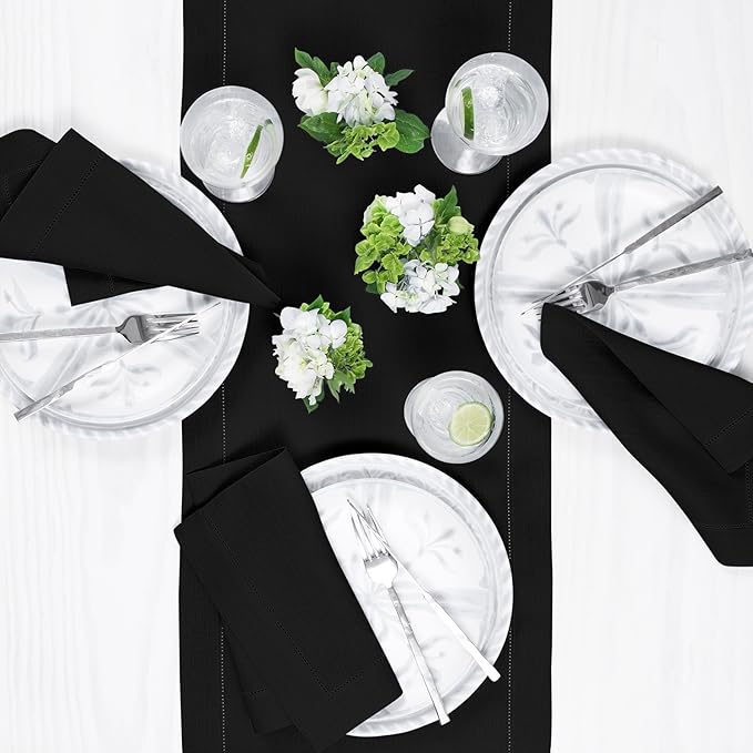 Solino Home Linen Black Table Runner 36 Inches - Classic Hemstitch, 100% Pure...