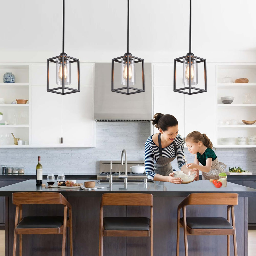 3 Pack Stem Rod Black Pendant Lights for Kitchen Island Industrial Lantern Pe...