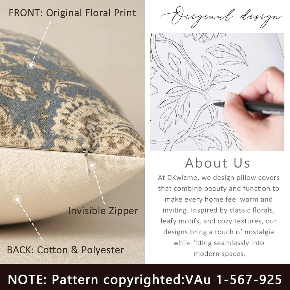 Vintage Floral Print Throw Pillow Covers 26x26 Set of 2 Neutral Modern Farmho...
