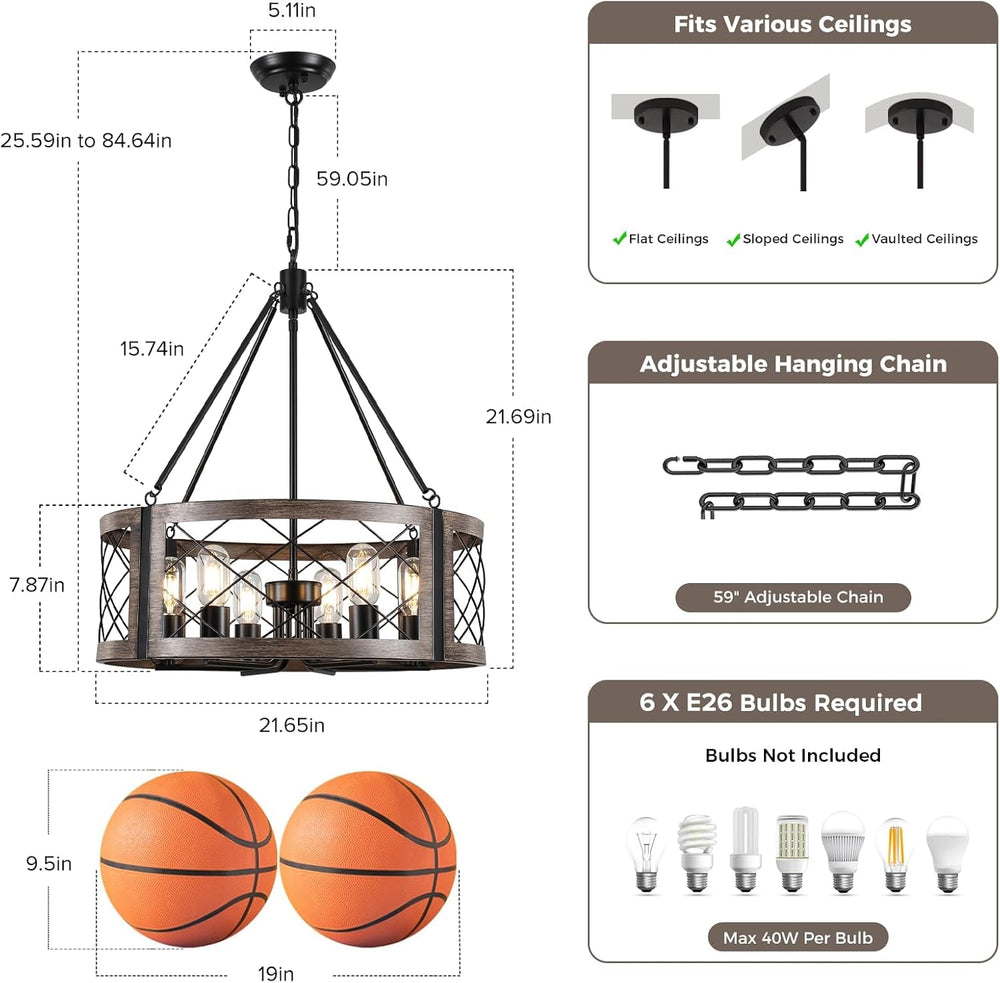 Farmhouse Drum Chandelier for Dining Room, 22" Rustic Black Chandelier w...