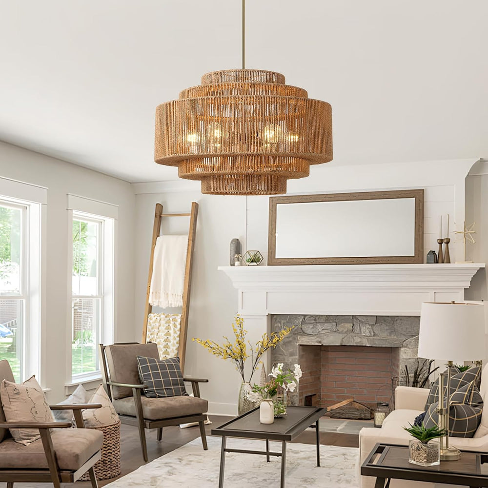 25.6" Boho Rattan Chandelier, 6-Light Large Wicker Light Fixture