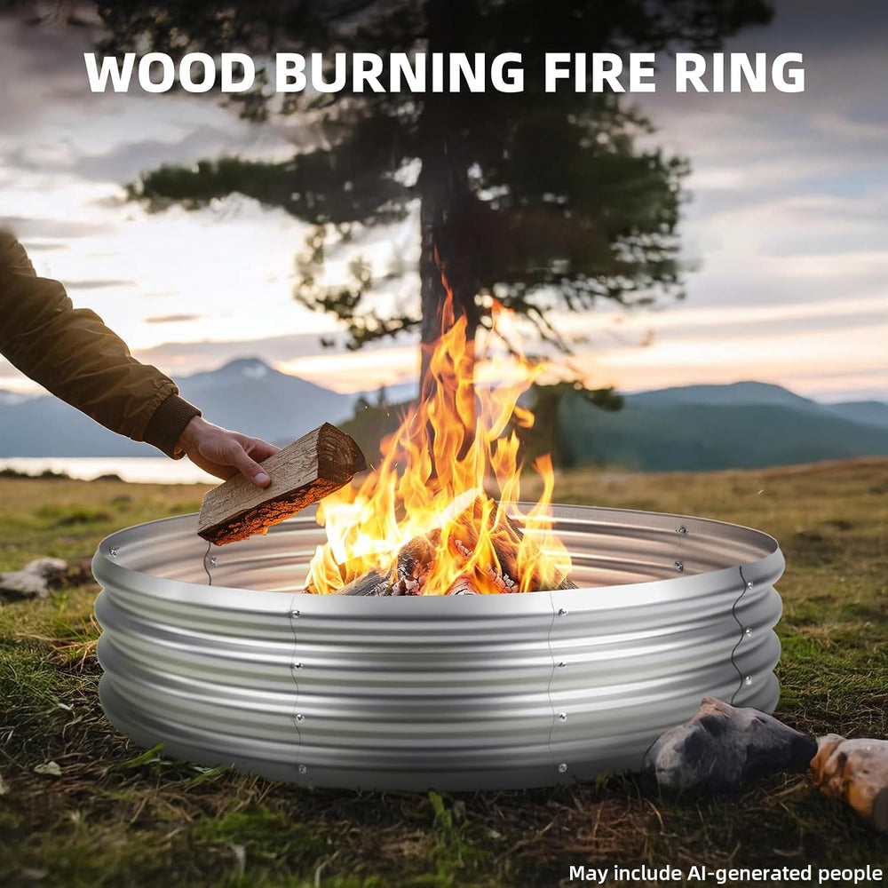 60 Inch Outdoor Fire Pit Ring, Wood Burning Large Metal Fireplace, Silver