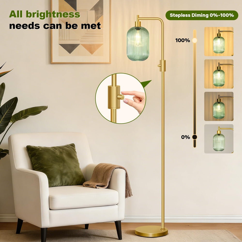 【Upgraded】 Dimmable Floor Lamp for Living Room with Green Ribbed Glass Lampsh...