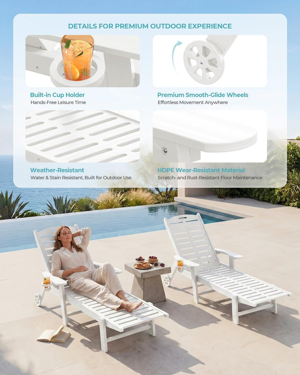 Ciokea Heavy Duty HDPE Chaise Lounge Chairs Outdoor Set of 4, 5-Position Adju...