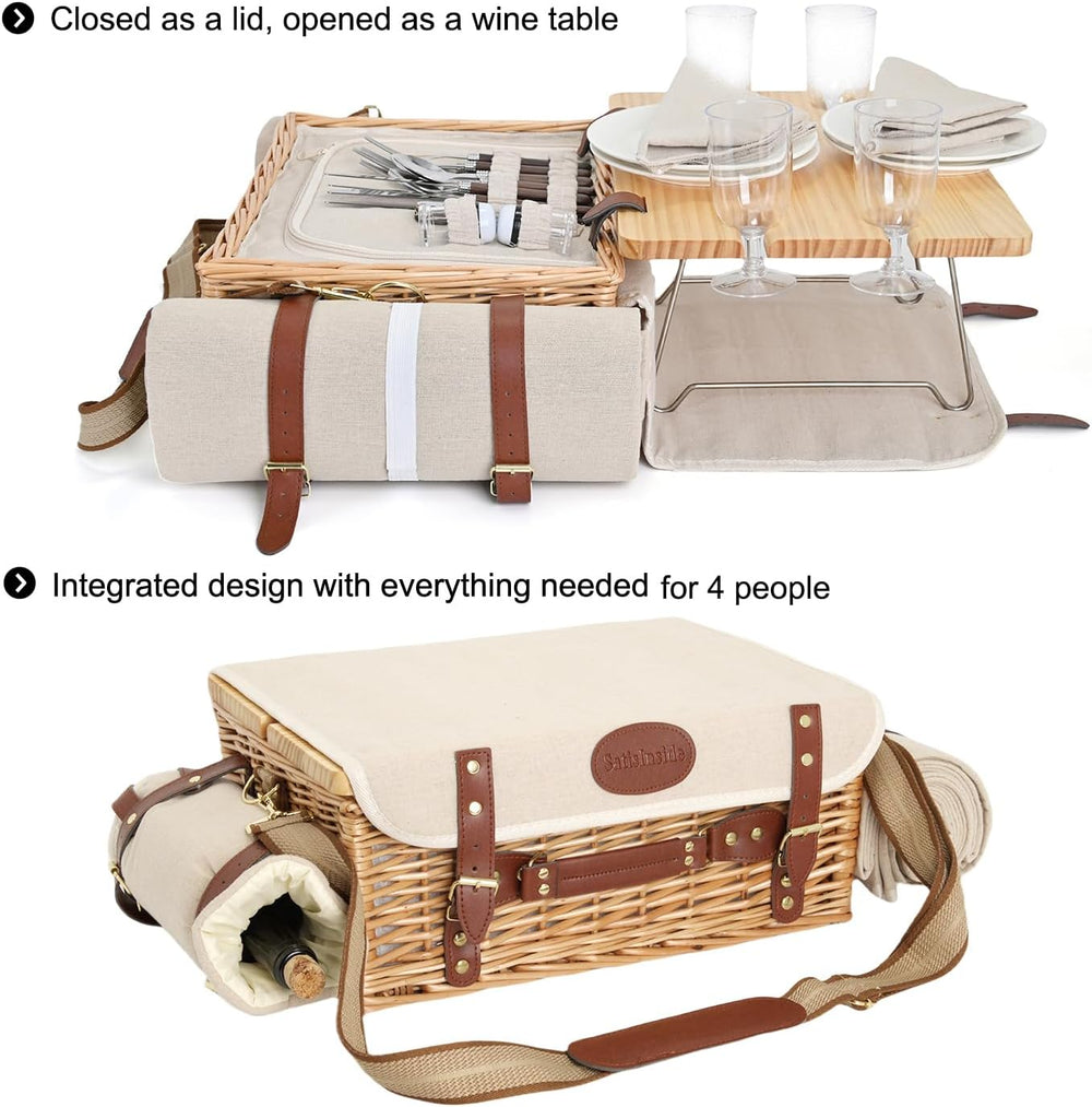 Multifunctional Wicker Picnic Basket Set for 4 with Blanket and Picnic Table,...