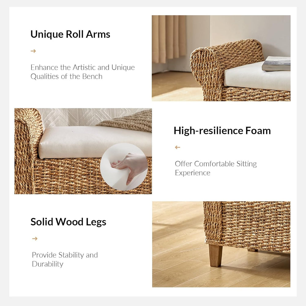 56" Rattan Storage Bench with Rolled Arms, Bohemian Farmhouse End of Bed...