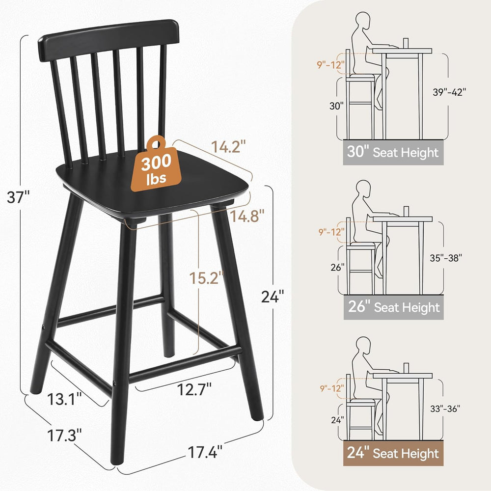 LUE BONA Windsor Wooden Bar Stools Set of 2 for Kitchen Island, Farmhouse 24 ...