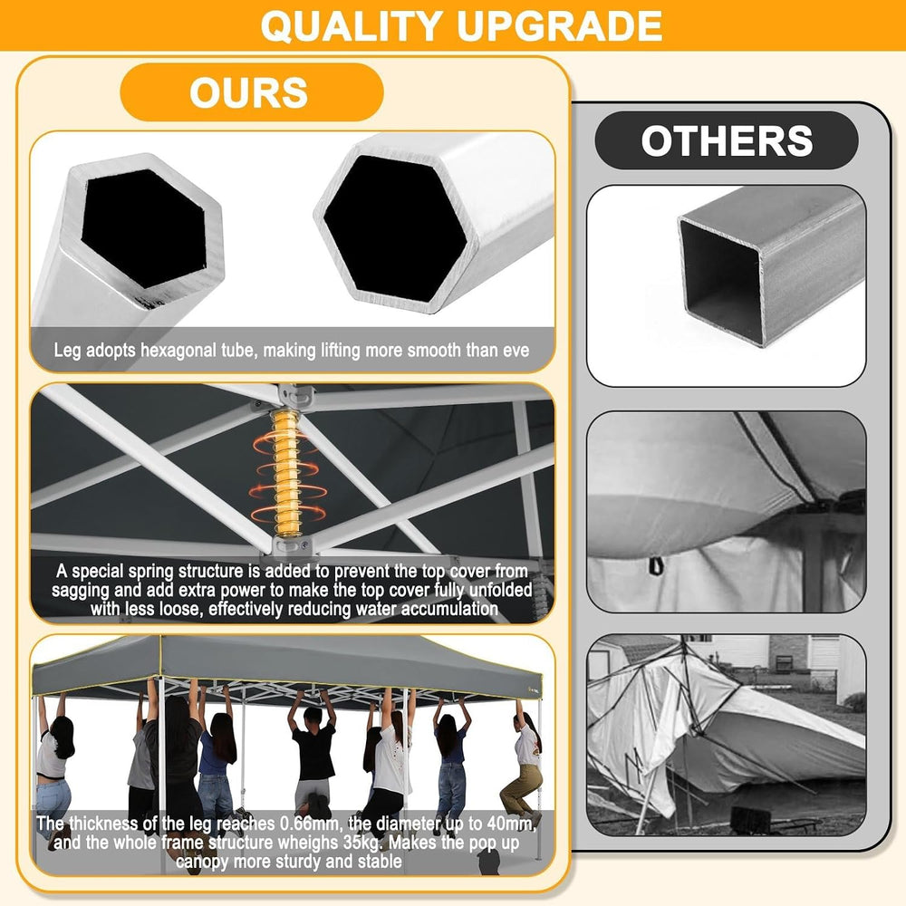 HOTEEL 10x20 Pop Up Canopy Tent, Upgraded Thickened Hexagonal Legs, Gray