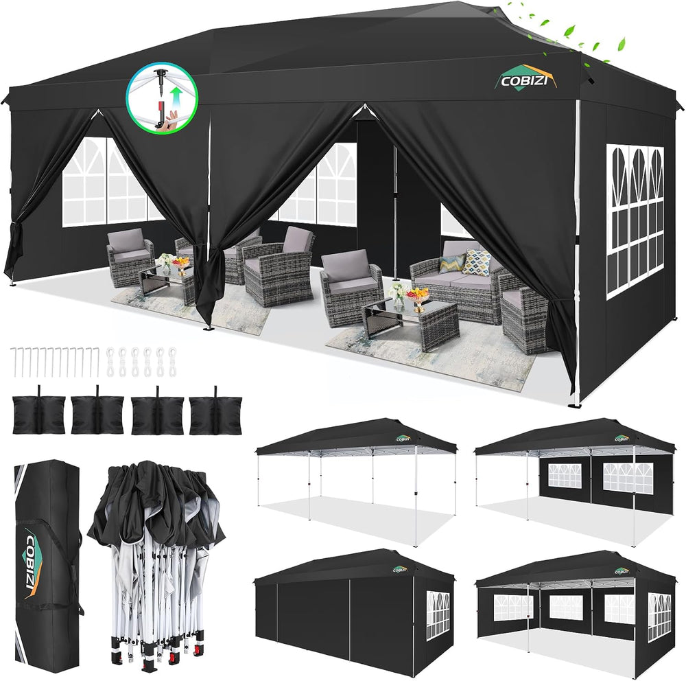 COBIZI 10x20 Pop Up Canopy Tent with One Push, 6 Removable Sidewalls