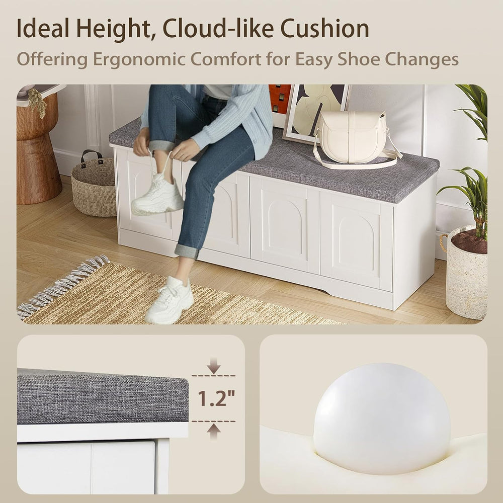 DINZI LVJ Shoe Storage Bench with Cushion, Door, White 47.2" LX17.7 H