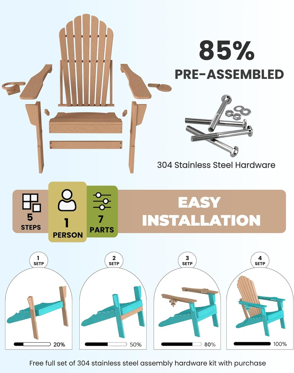 HDPE Folding Adirondack Chair with Dual Cup Holders, Cedar