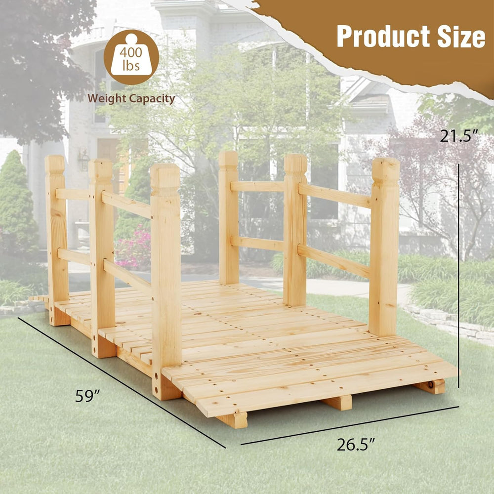 GIANTEX 5 ft Garden Bridge - Natural Wood Arc Footbridge Walkway with Side Ra...