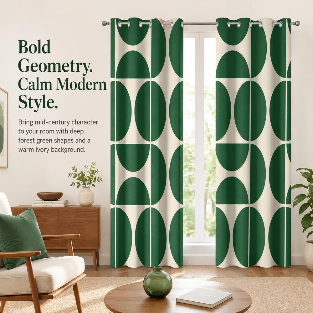 Green and Beige Modern Geometric Blackout Curtains, Mid Century Retro Abstrac...