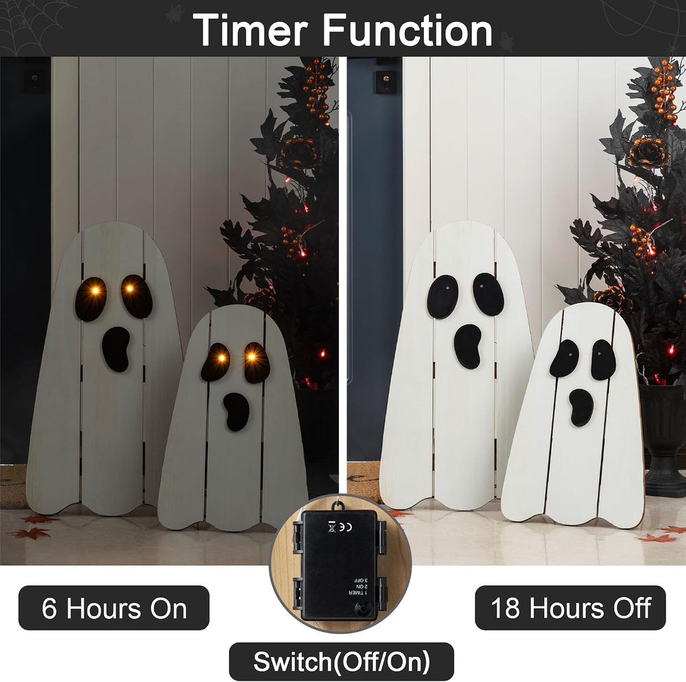 Glitzhome Set of 2 Halloween Lighted Wood Ghost Porch Decor - 24" H &...
